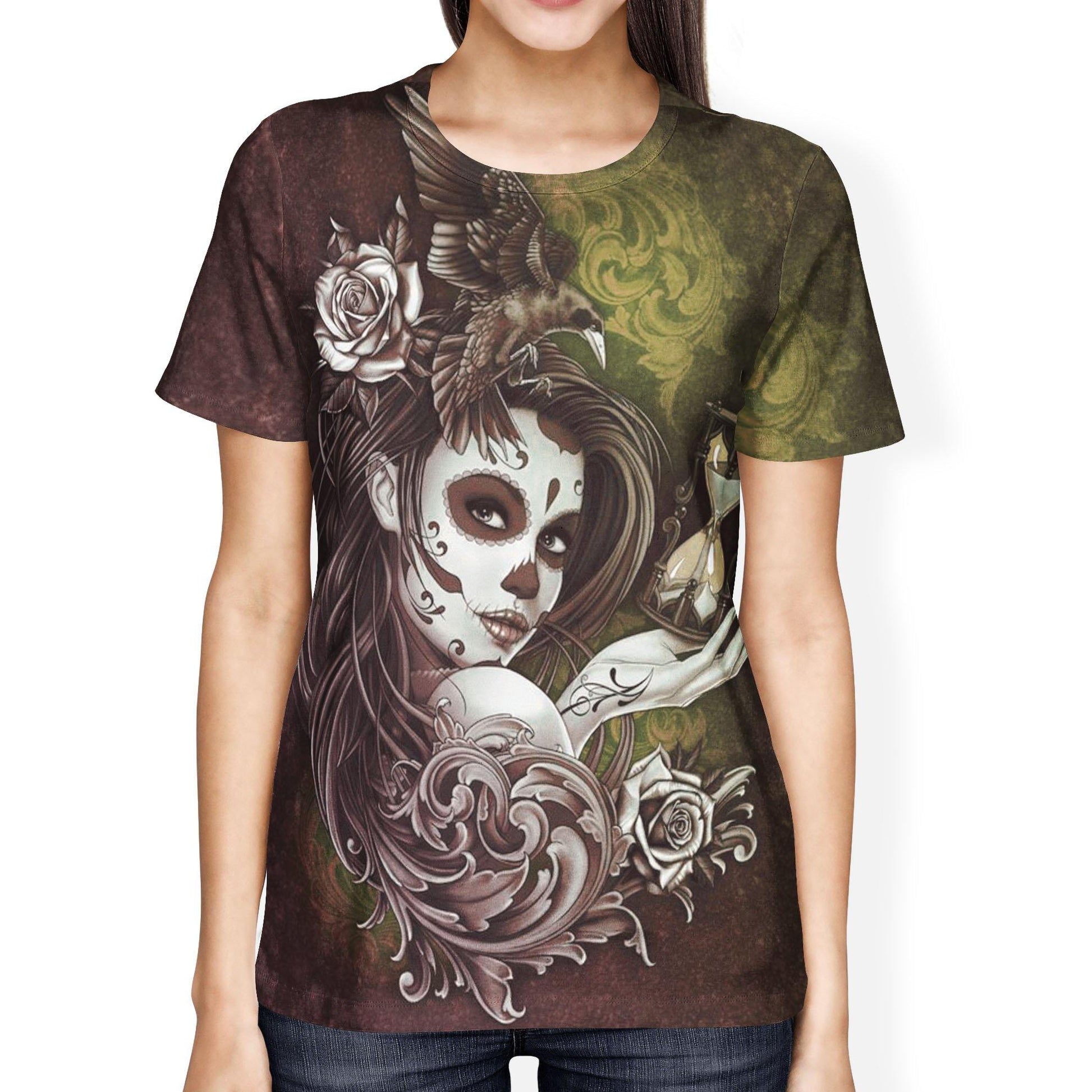 Female Sugar Skull Face Ladies' T-shirt - USA Made Dropship