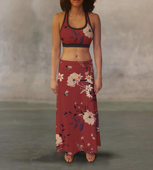 Red Vintage Flowers Maxi Skirt