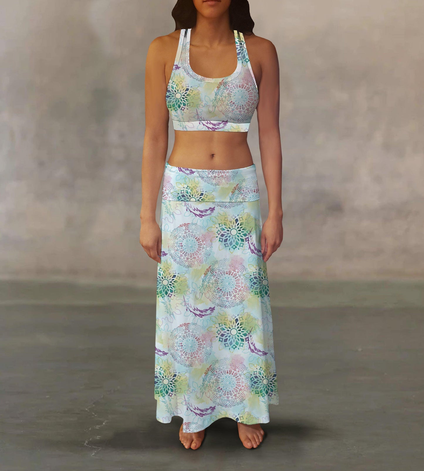 Water Colored Mandala Maxi Skirt